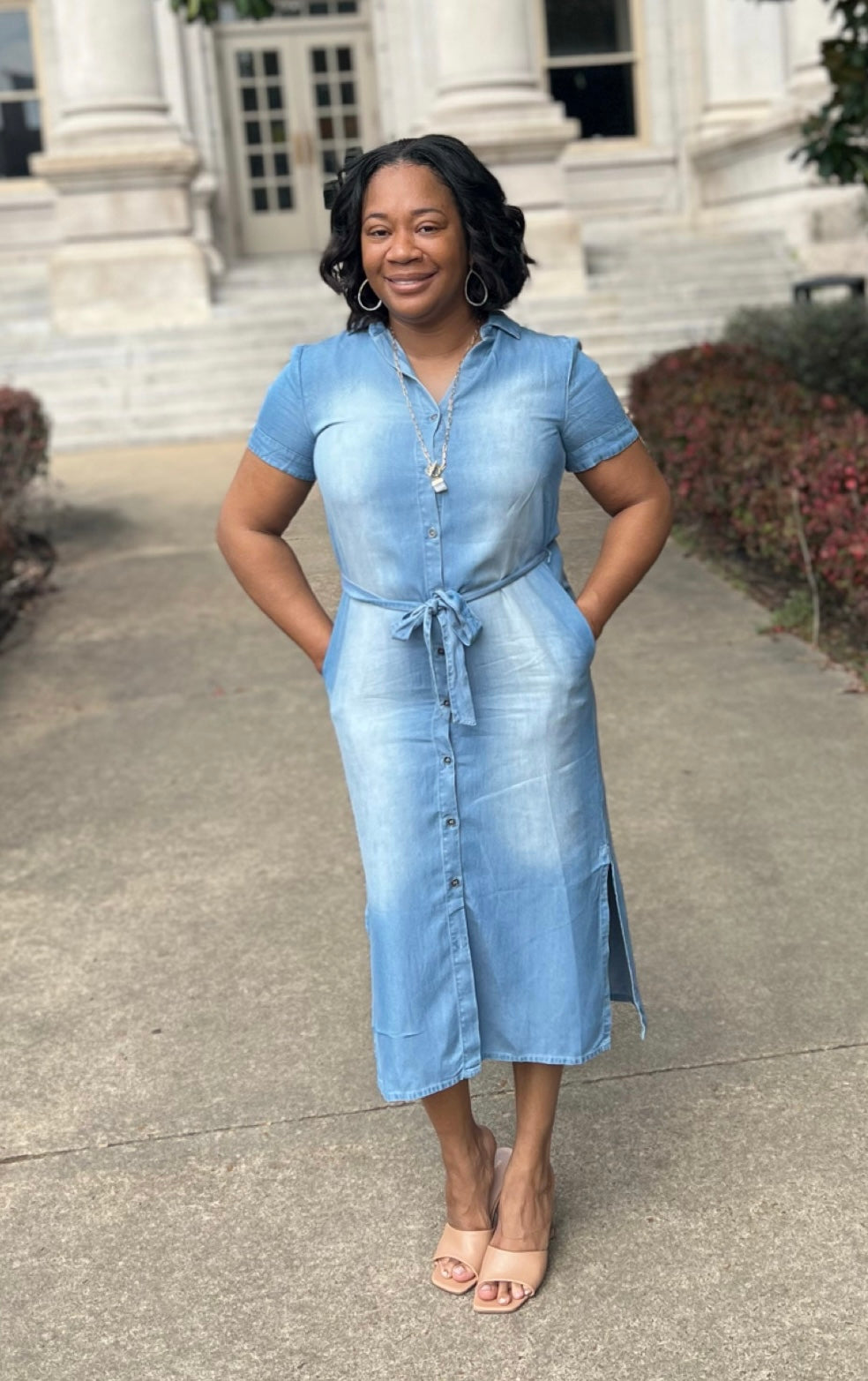 CHAMBRAY BELTED SHIRT DRESS